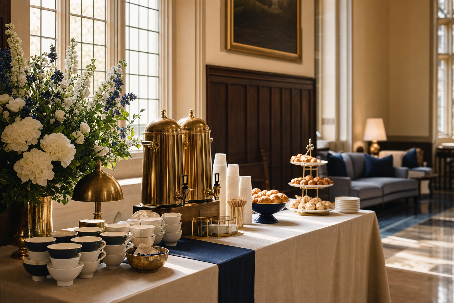 Refined campus catering service in a sunlit collegiate hall