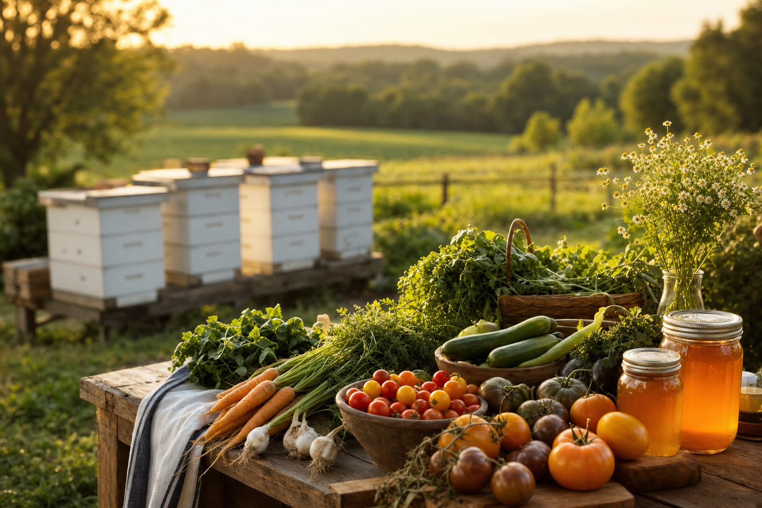 A North Carolina family farm table with fresh produce, honey and beehives at golden hour
