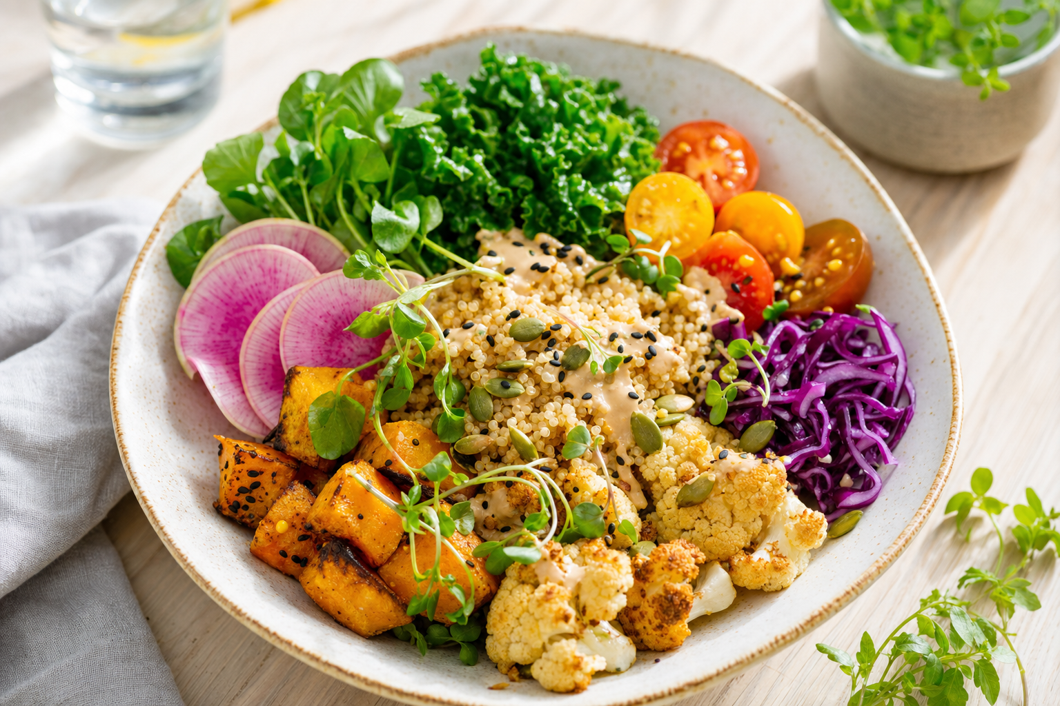 A colorful, wholesome allergen-free grain and vegetable bowl